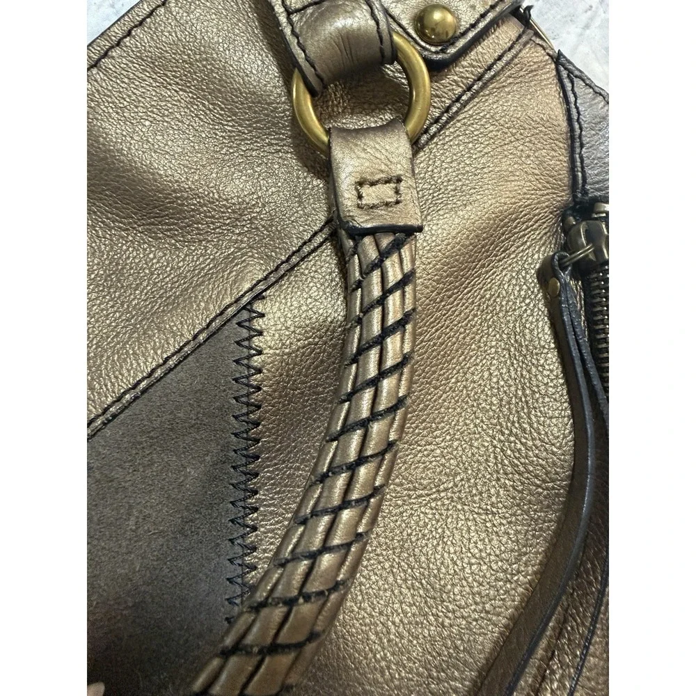 Fossil Handbag Patchwork Bronze Brown Suede Silver‎ Leather Shoulder Handbag